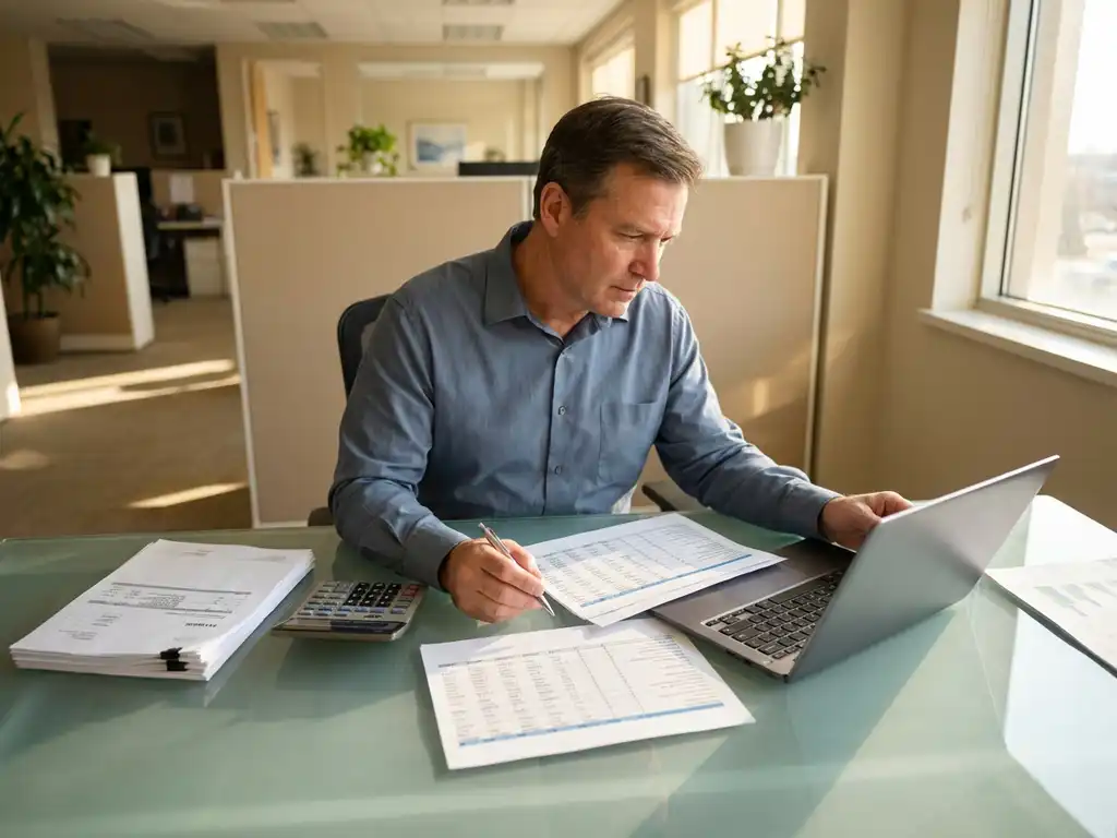 Professionele facilitair manager bestudeert kostenspreadsheets op glazen bureau met rekenmachine en facturen naast laptop