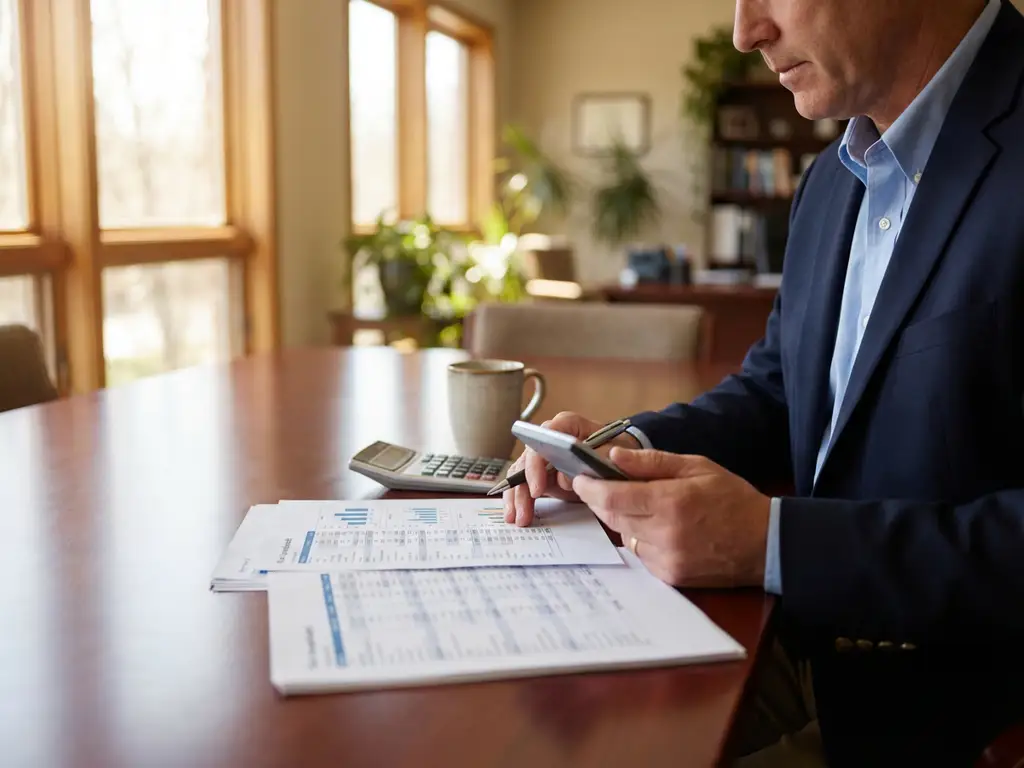 Professionele faciliteitmanager in marineblauw jasje bestudeert kostenspreadsheets aan mahonie vergadertafel met rekenmachine en koffiekop