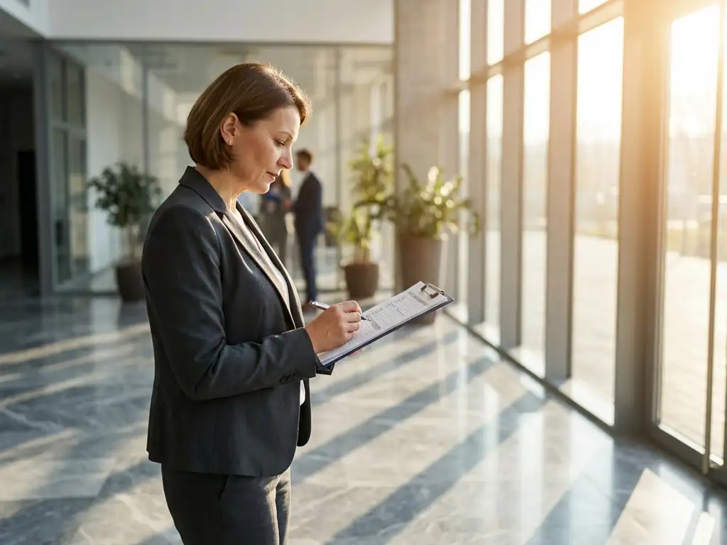Professionele facilitair manager in pak controleert onderhoudsschema's op klembord in moderne kantoorlobby met marmeren vloeren