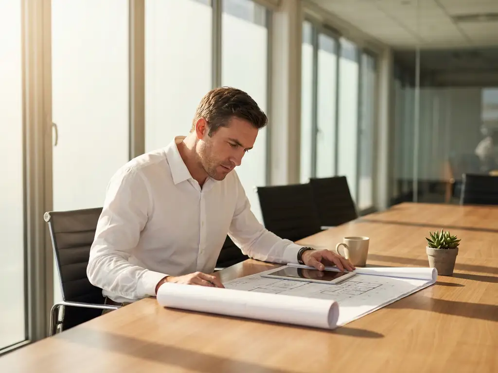 Professionele faciliteitmanager in wit overhemd bestudeert gedetailleerde plattegronden op moderne vergadertafel met tablet en koffiemok