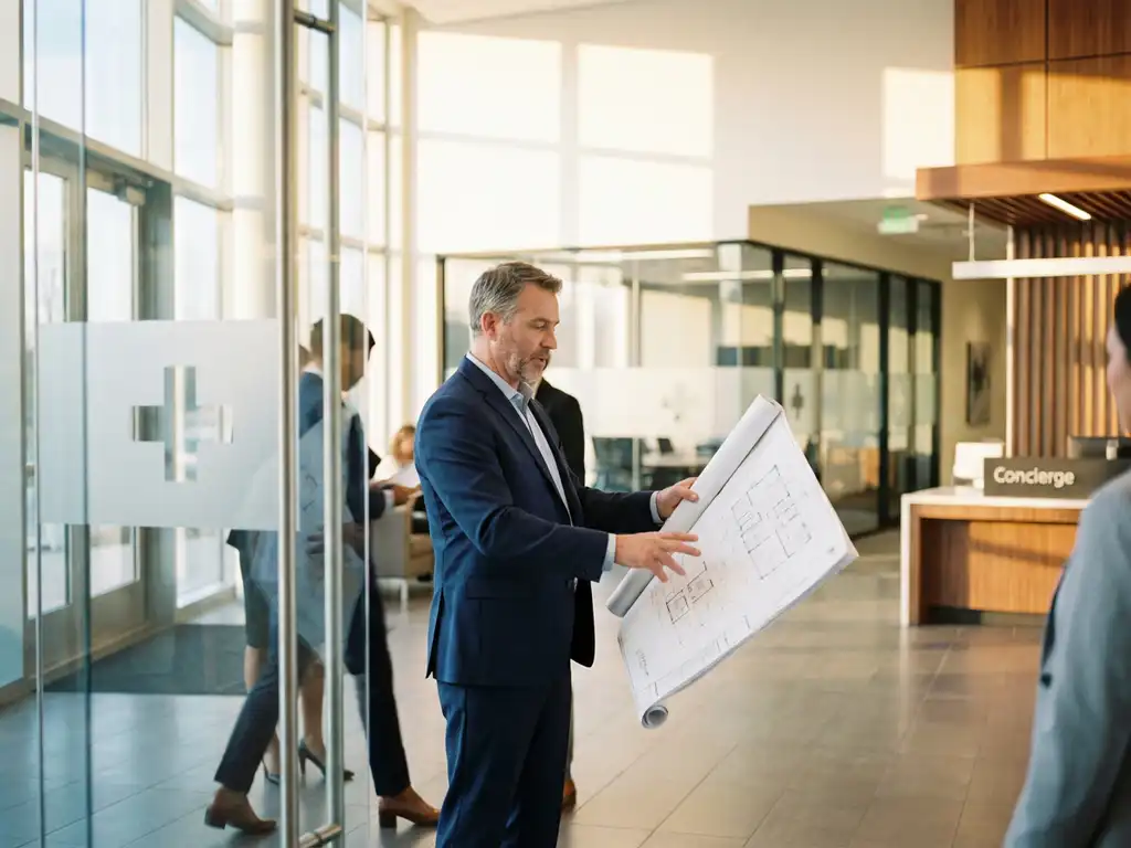 Facilitymanager in marineblauw pak bekijkt plattegronden in moderne kantoorlobby met medische en zakelijke ruimtes