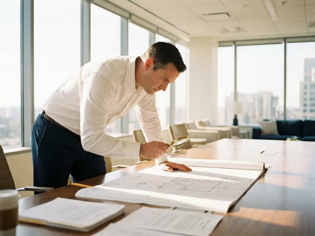Facility manager onderzoekt projectdocumenten met vergrootglas aan conferentietafel in moderne kantooromgeving