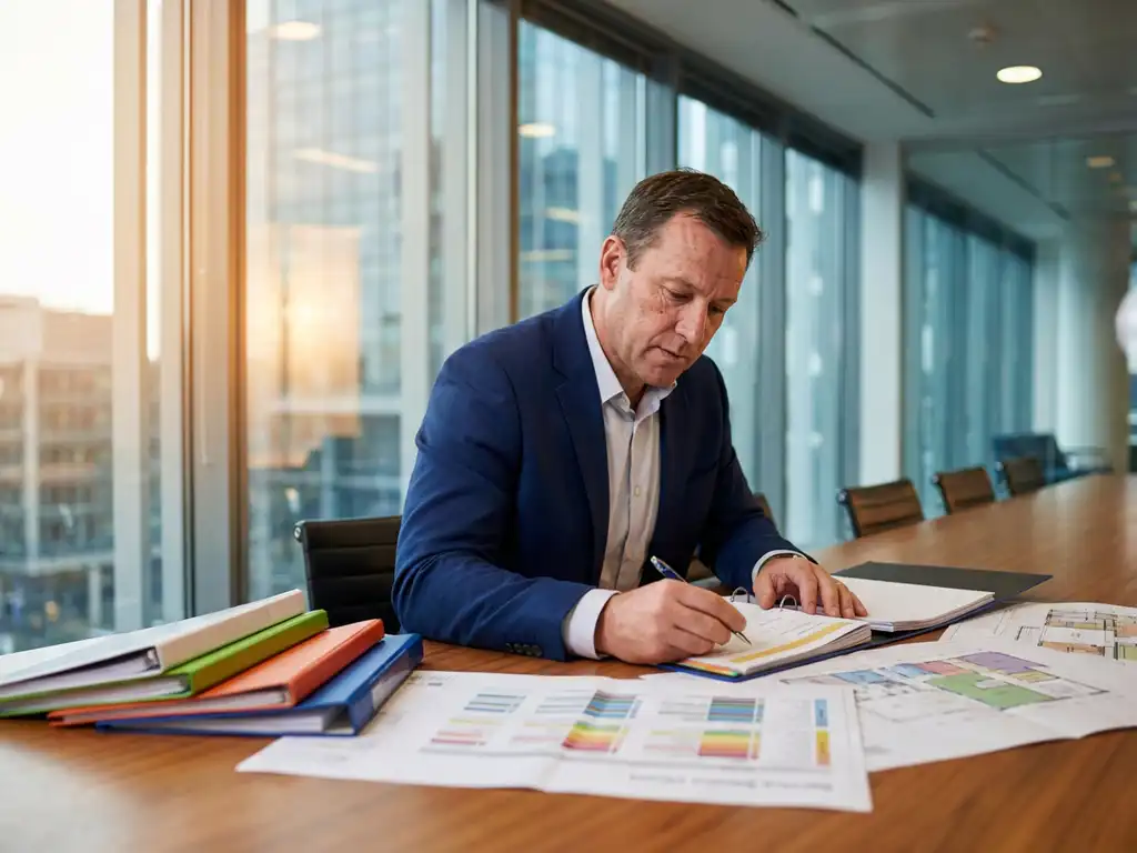 Professionele faciliteitmanager in marineblauw jasje bestudeert projectmappen met kleurrijke plattegronden op vergadertafel in modern kantoor