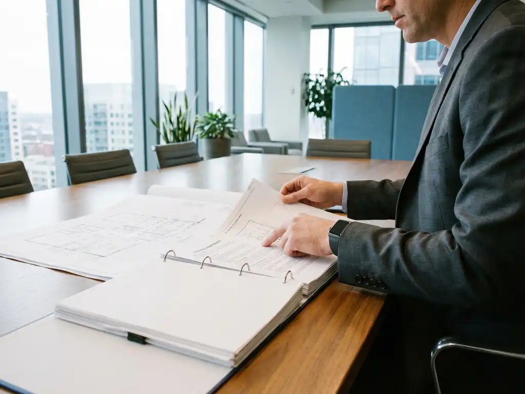 Facility manager in pak bestudeert projectdocumenten en bouwplannen aan conferentietafel in modern kantoor