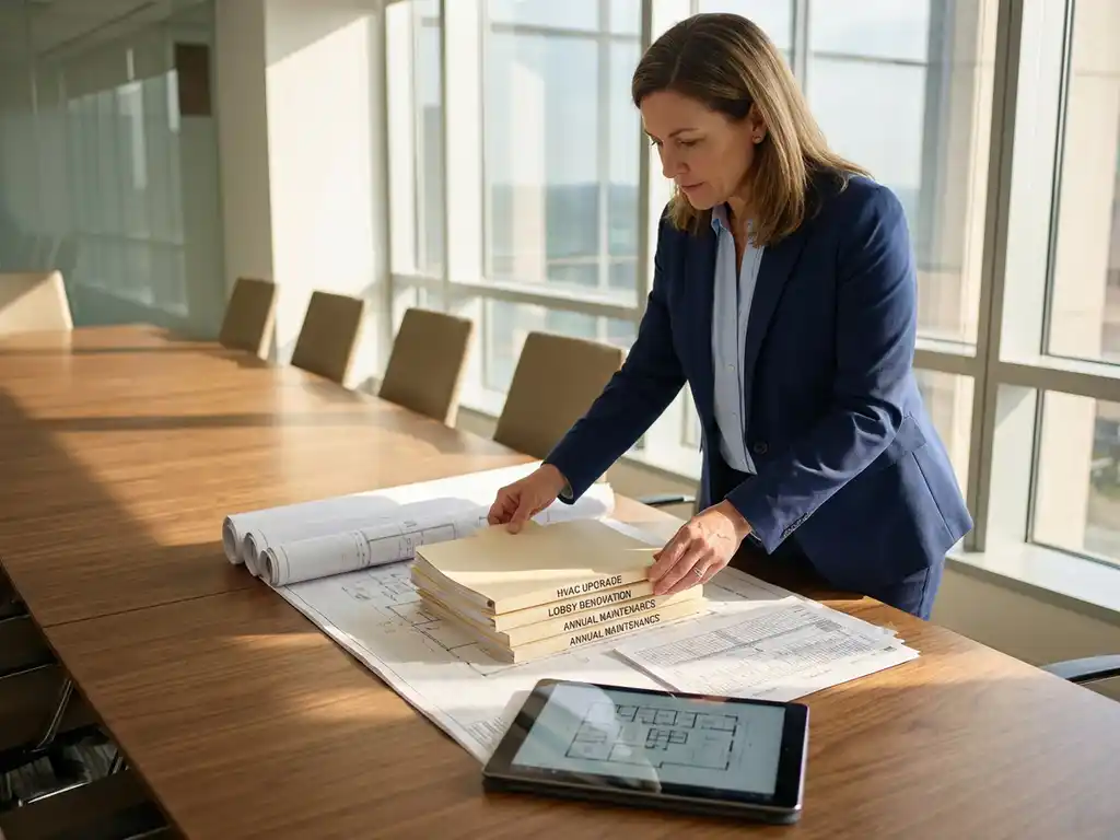 Faciliteitmanager in marineblauw jasje organiseert projectmappen op houten vergadertafel met blauwdrukken en tablet