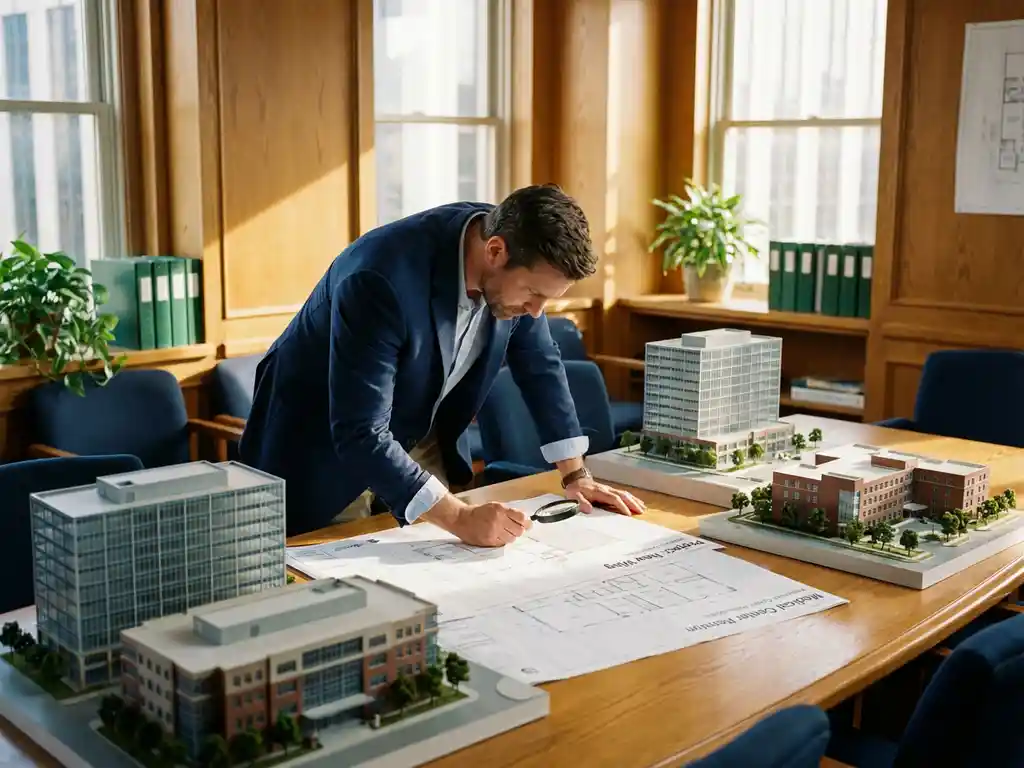 Professionele facility manager in marineblauw jasje bestudeert projectplannen aan vergadertafel met architectuurmodellen van kantoorgebouwen en zorgfaciliteiten
