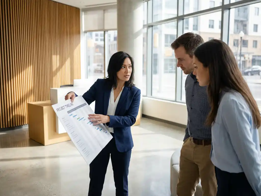 Faciliteitsmanager in marineblauw jasje toont projecttijdlijn aan twee collega's in moderne kantoorontvangst met houten accenten