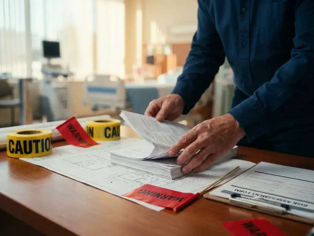 Faciliteitmanager bekijkt projectdocumenten met rode waarschuwingsvlaggen en veiligheidscontrolelijsten op bureau