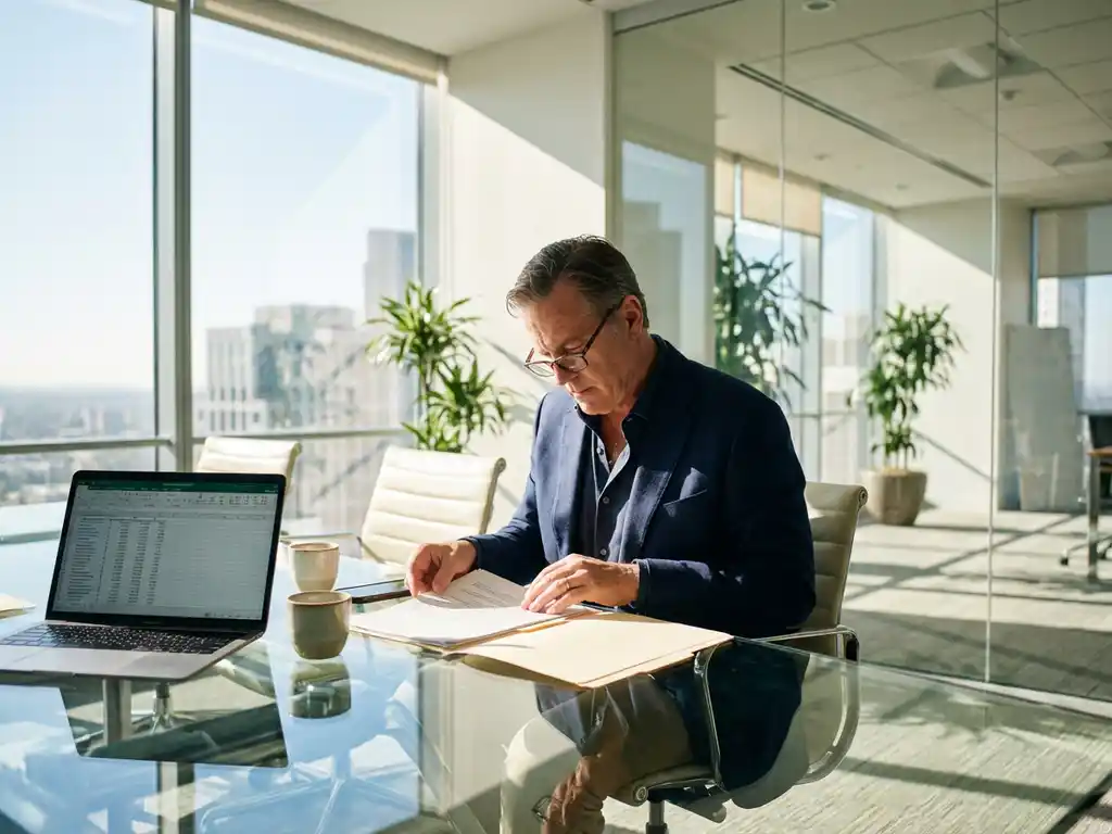 Professionele faciliteitmanager in donkerblauwe blazer bekijkt servicerapporten aan moderne glazen vergadertafel met laptop en koffie