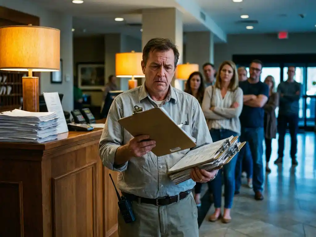 Gestresste facilitymanager jongleert met klemborden en papieren in drukke hotellobby met wachtende gasten