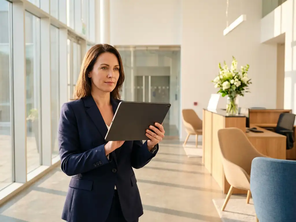 Professionele faciliteitmanager met tablet in moderne kantoorlobby met natuurlijk licht en eigentijds meubilair