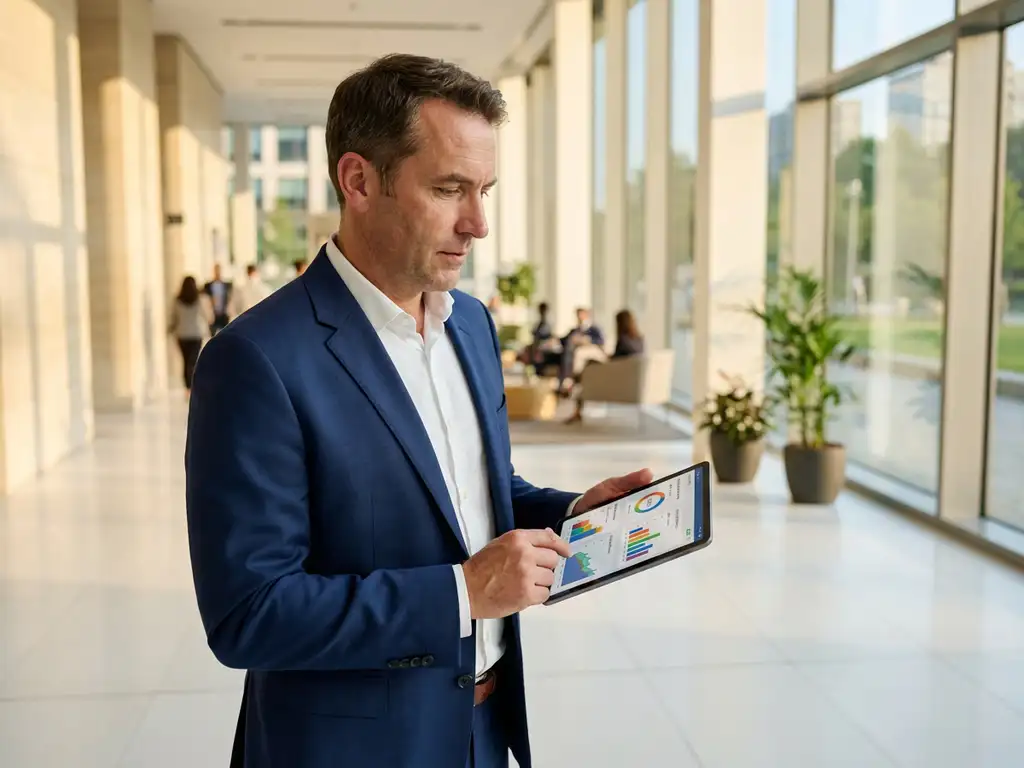Professionele faciliteitmanager met digitale tablet toont projectgegevens in moderne kantoorlobby met grote ramen