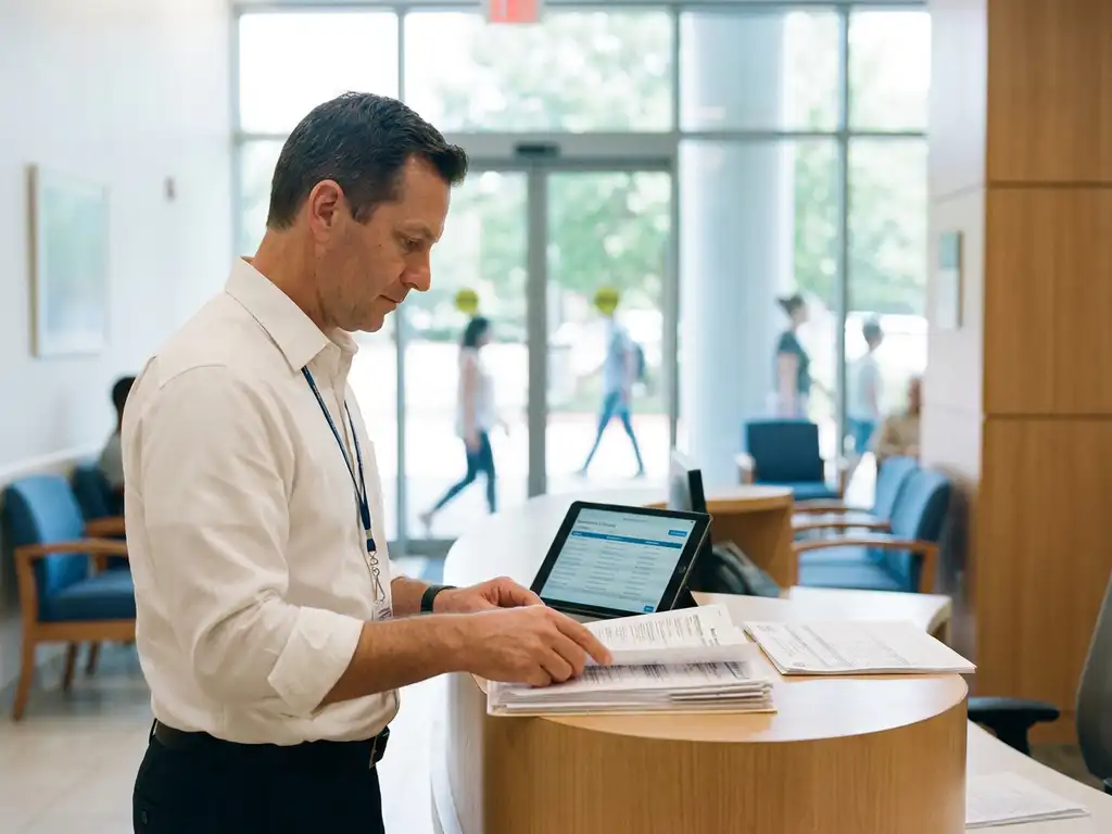 Faciliteitmanager organiseert onderhoudsformulieren aan moderne receptiebalie in heldere zorgfaciliteit met natuurlijk licht