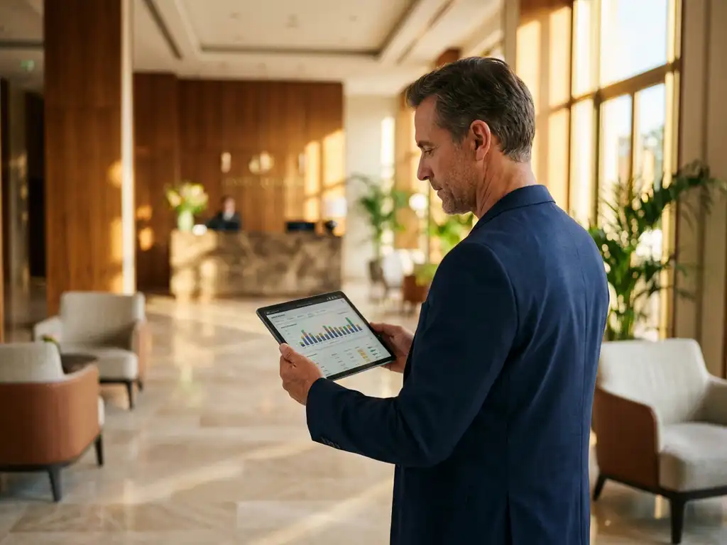 Faciliteitmanager analyseert prestatiegrafieken op tablet in luxe hotellobby met marmeren vloeren en natuurlijk licht