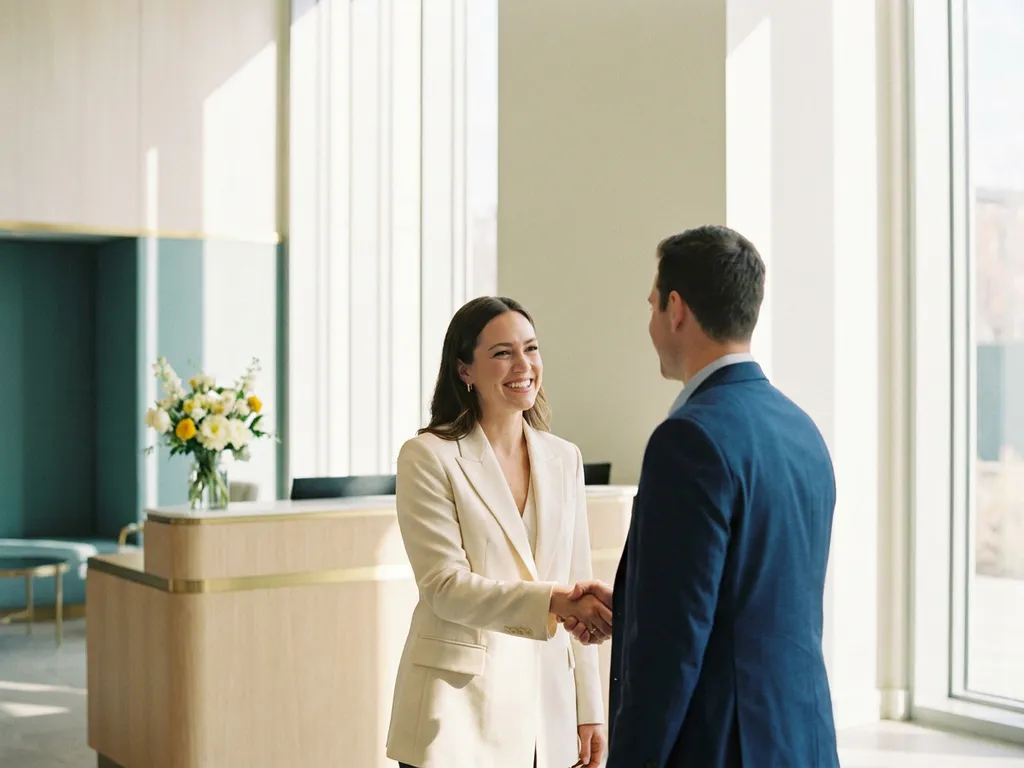 Hospitality manager begroet collega in lichte moderne lobby met welkomstbalie, verse bloemen en natuurlijk licht door hoge ramen.