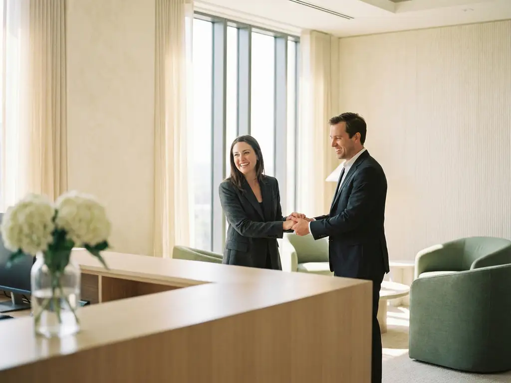 Hospitality professional in blazer begroet collega in moderne kantoorlobby met receptiebalie, witte bloemen en groot raam.