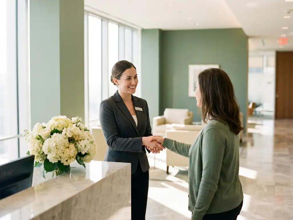 Hospitality professional in blazer begroet collega in moderne kantoorlobby met receptiebalie, verse bloemen en marmeren vloer.