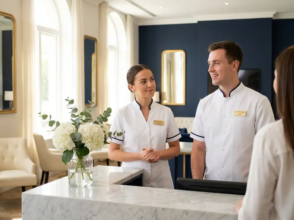 Hospitality trainer begeleidt collega bij receptiebalie in moderne lobby met witte uniformen, verse bloemen en warm gouden kleuraccenten.