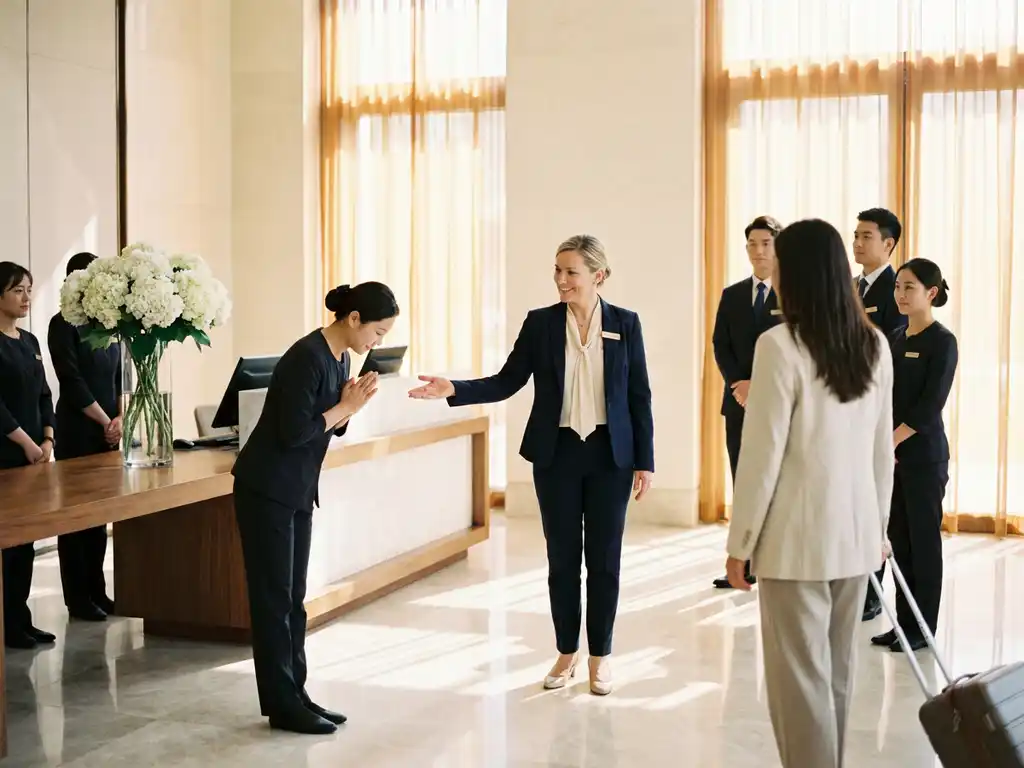 Hospitality trainer begeleidt hotelmedewerkers tijdens een welkomsttraining in een lichte receptie met marmeren balie en witte bloemen.