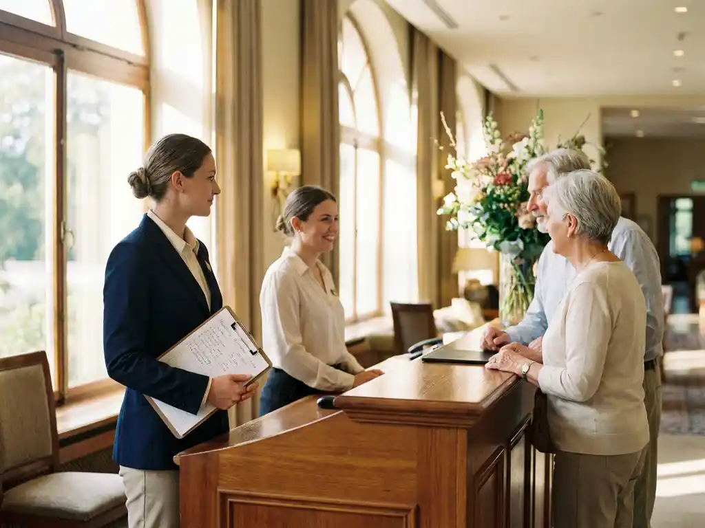 Hospitality professional observeert collega die gast verwelkomt bij receptiebalie, klembord met evaluatienotities op de voorgrond.
