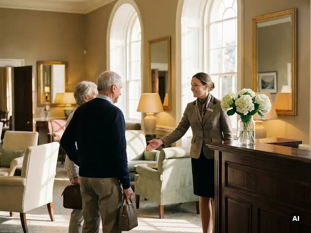 Gastvrouw in warme kleding verwelkomt bezoeker in elegante hotellobby met witte bloemen op de receptiebalie, gouden middaglicht.