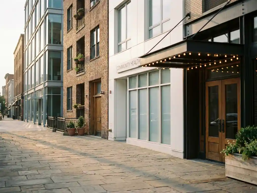 Diverse stadsstraat met glazen kantoorgebouw, bakstenen appartement, zorgfaciliteit en hotelentree in zacht ochtendlicht.