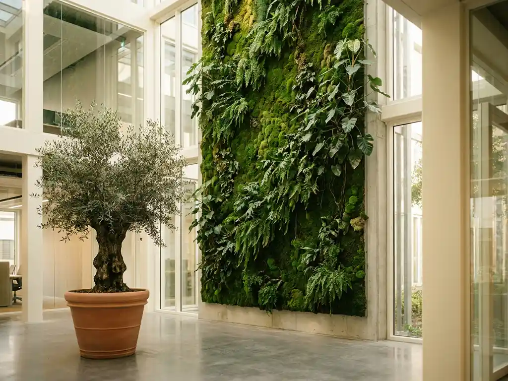 Levende groene wand van mos en klimplanten in modern kantooratrium met betonnen vloer en olijfboom op voorgrond.