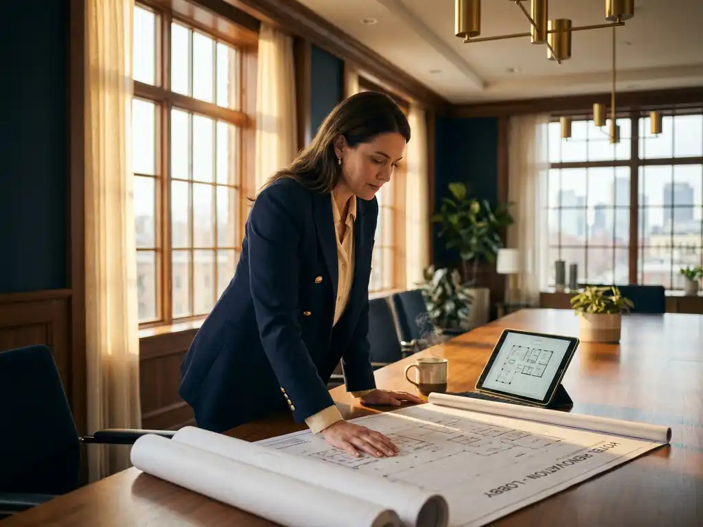 Hospitality manager in donkerblauwe blazer bestudeert bouwplannen aan vergadertafel met koffie en tablet