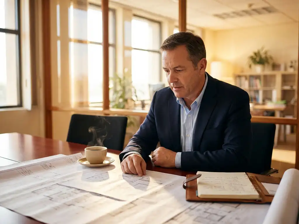 Hospitality manager in marineblauw jasje bestudeert blauwdrukken aan mahonie conferentietafel met koffie en notitieblok