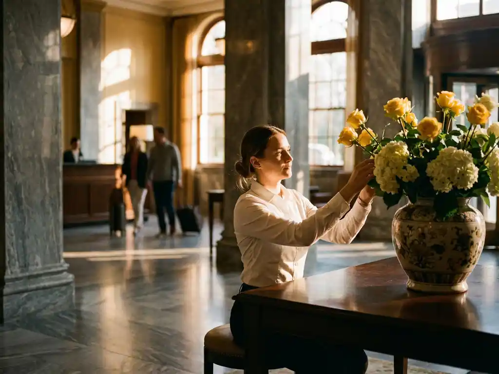 Hospitality manager schikt verse bloemen in elegante hotellobby vaas, warme middagzon verlicht marmeren oppervlakken