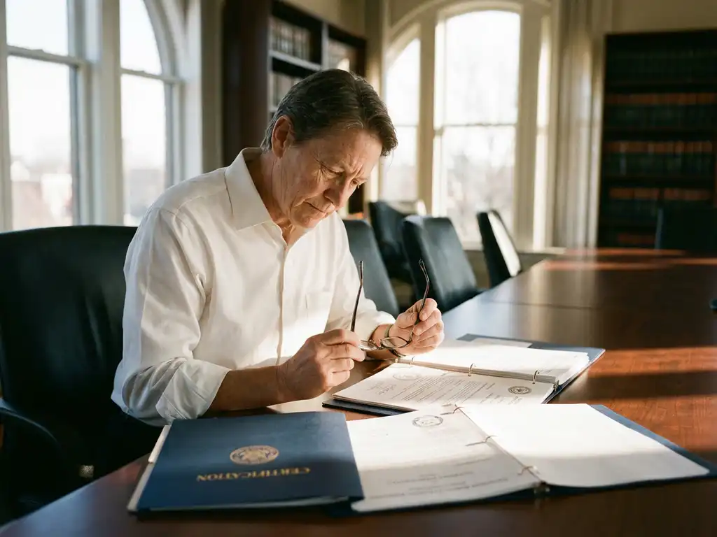 Hospitality manager in wit overhemd bestudeert certificeringsdocumenten aan houten conferentietafel bij raam