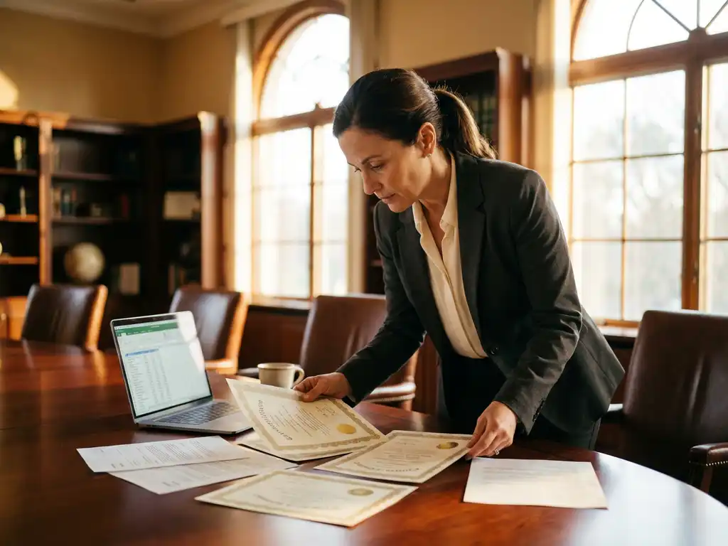 Hospitality manager bestudeert certificeringsdocumenten aan mahonie conferentietafel bij gouden middaglicht