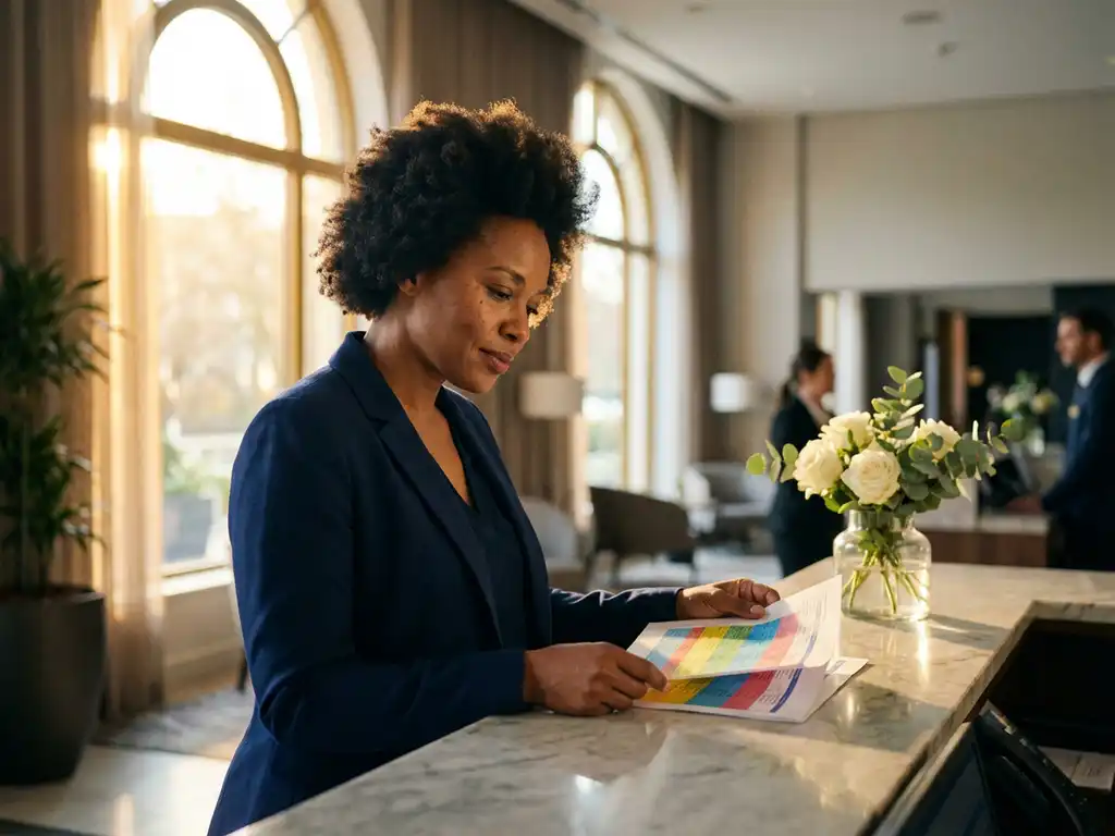 Professionele hospitalitymanager in marineblauw jasje organiseert kleurrijke dienstroosters aan moderne receptiebalie met witte bloemen