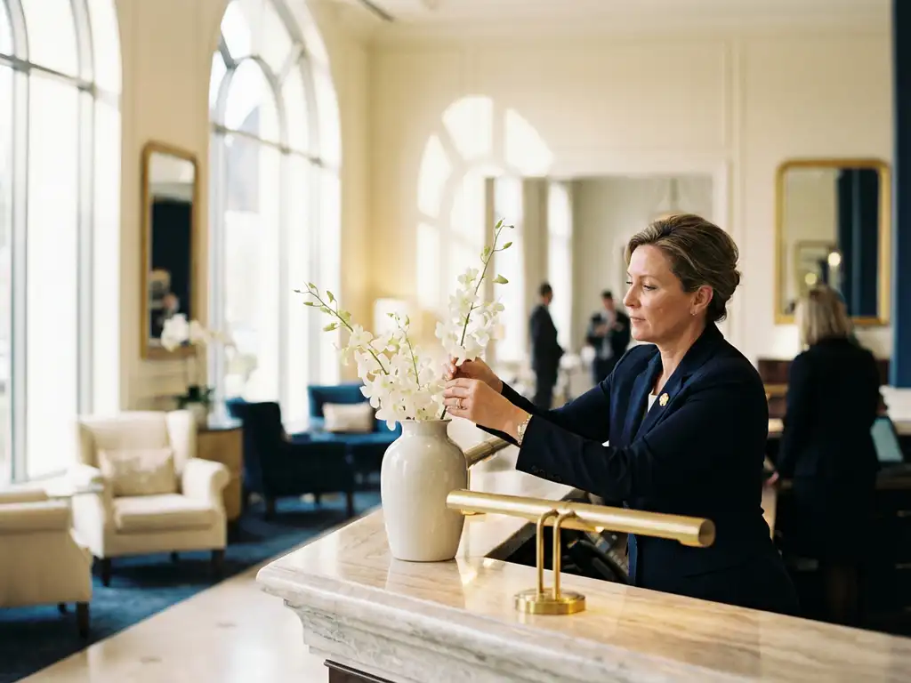 Professionele hotelmanager in marineblauw jasje schikt witte orchideeën bij marmeren receptiebalie met gouden accenten