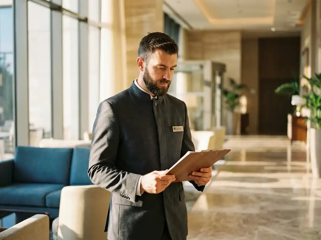 Hospitality manager in uniform controleert serviceprotocollen op klembord in elegante hotellobby met marmeren vloeren