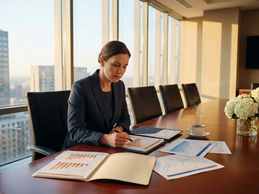 Hospitality manager bestudeert servicerapporten aan vergadertafel met omzetgrafieken en tevredenheidsstatistieken