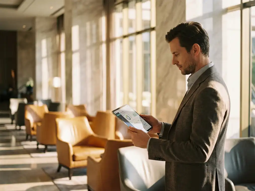 Hospitality manager bekijkt digitale servicegegevens op tablet in elegante moderne hotellobby met marmeren oppervlakken