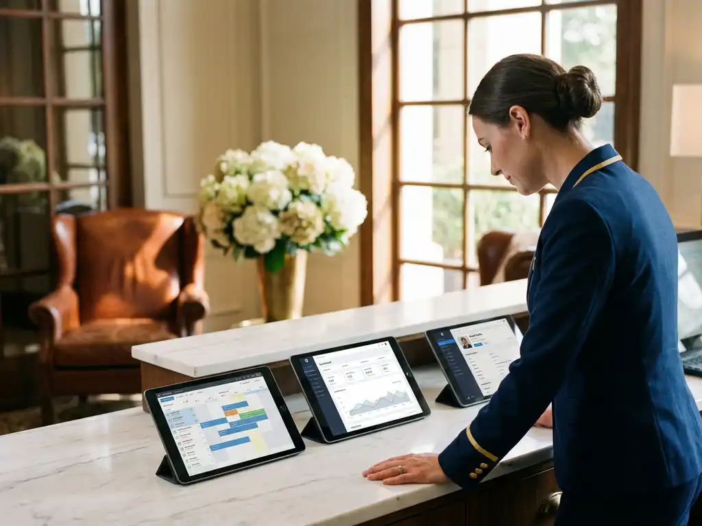 Hospitality manager bekijkt tablets met software-interfaces op marmeren receptiebalie in elegante hotellobby