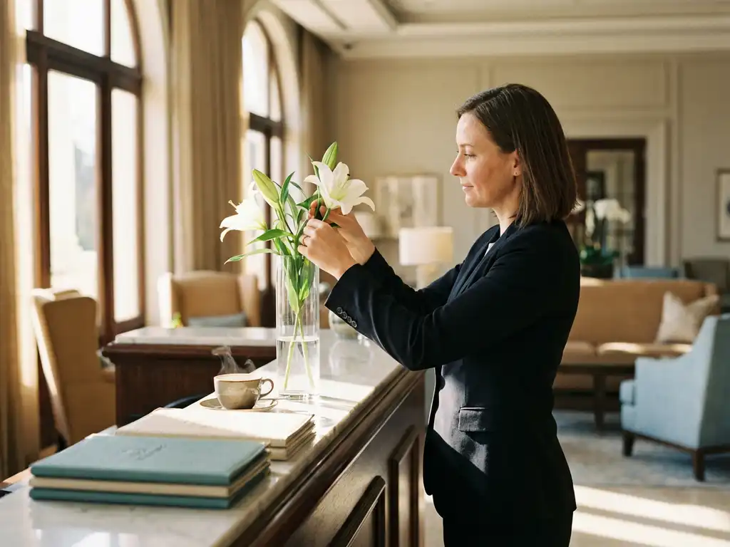 Hospitality medewerker schikt verse bloemen in glazen vaas op marmeren receptiebalie met koffiekop en welkomstmaterialen