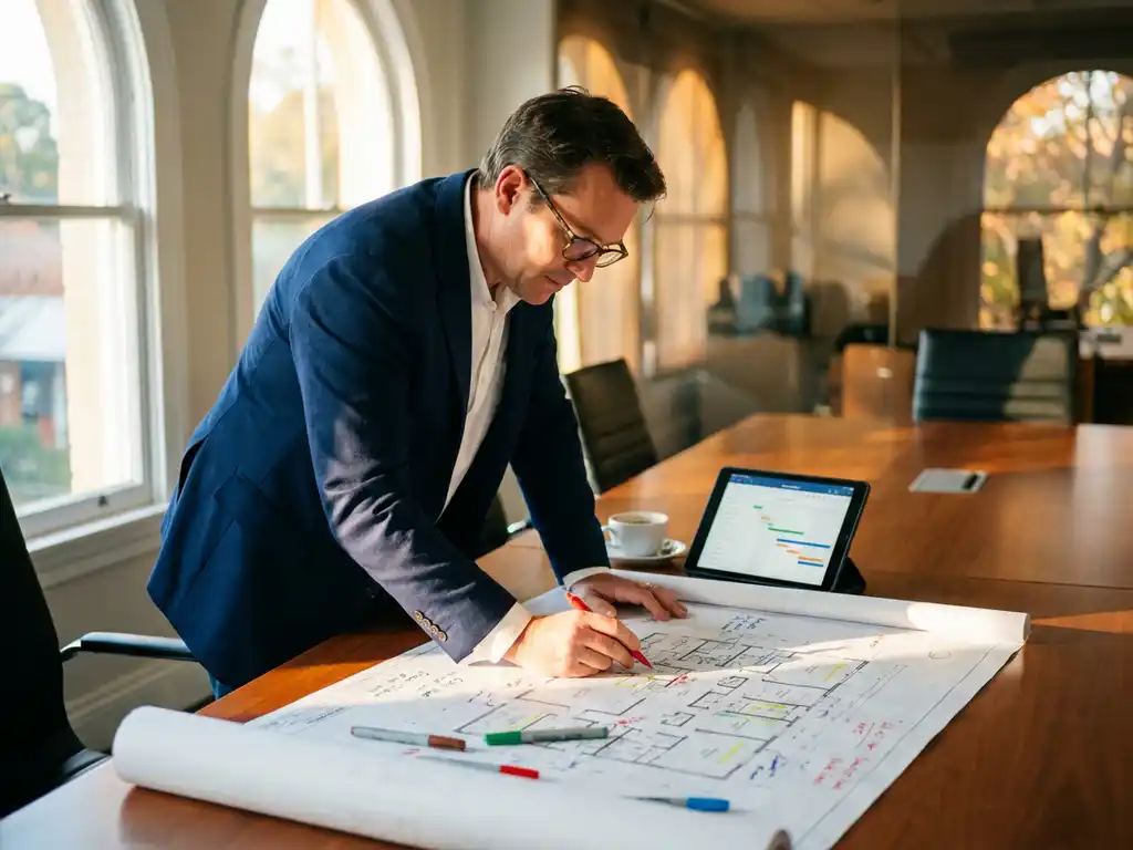 Hospitality projectmanager in marineblauw jasje bestudeert kleurige plattegronden op gepolijste conferentietafel met tablet en pennen