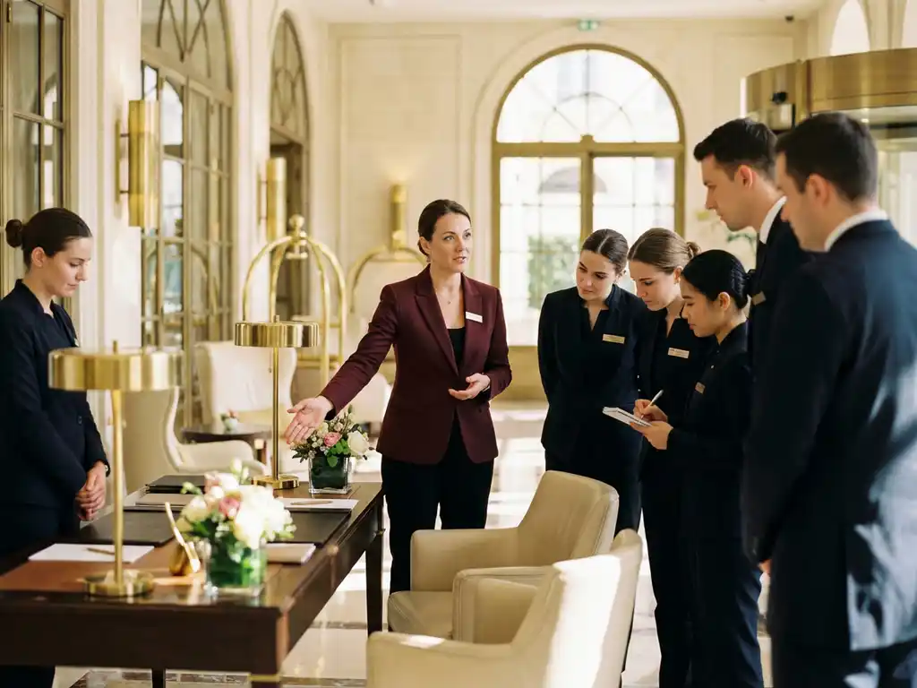 Professionele horecatrainer demonstreert servicetechnieken aan aandachtig hotelpersoneel in elegante lobby met marmeren vloeren