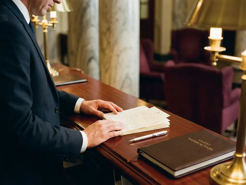 Hotelconcierge bekijkt handgeschreven gastenfeedbackkaarten op mahoniehout receptiebalie met zilveren pen en leren enquêteboek