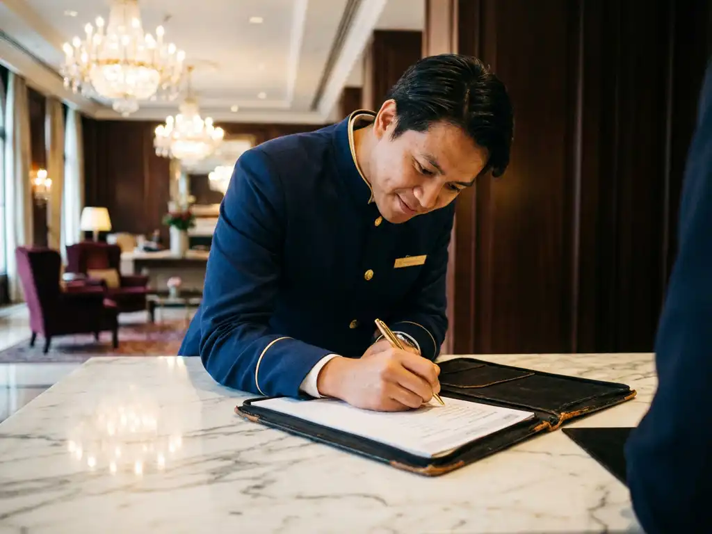 Professionele hotelconcierge in marineblauw uniform bekijkt gastenservice checklist aan marmeren receptiebalie met kristallen kroonluchters