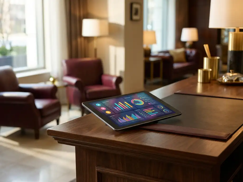 Digitaal dashboard met kleurrijke prestatiemetrics op tablet in luxe hotellobby met leren stoelen en warme verlichting