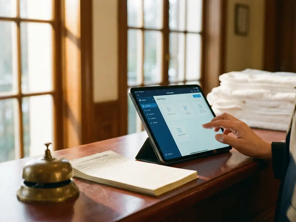 Tablet met digitale workflow-interface op hotelreceptiebalie naast papieren gastenformulieren en messing servicebel