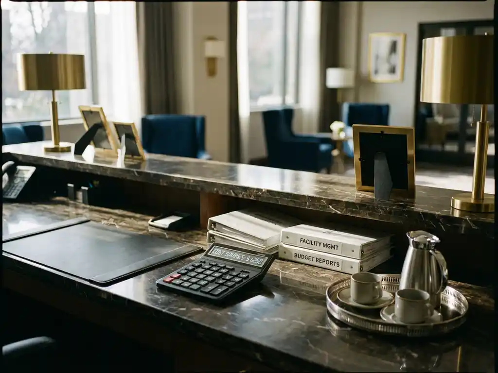 Elegante hotelreceptie met rekenmachine die kostenbesparingen toont, omgeven door faciliteitsbeheer documenten en koffieservice