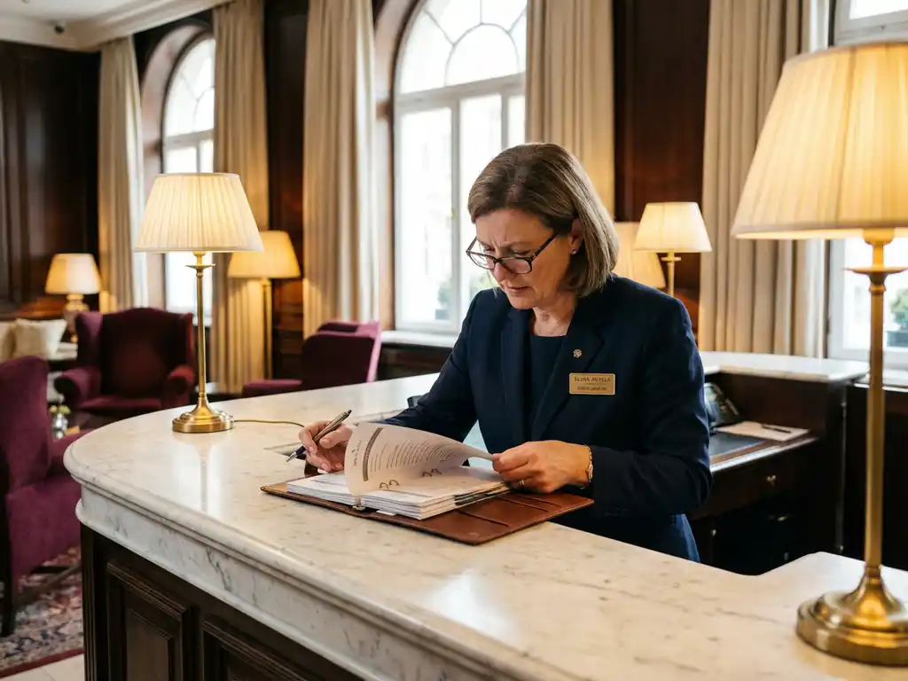 Professionele hotelmanager in uniform controleert servicelijsten aan marmeren receptiebalie in elegante lobby met gouden verlichting
