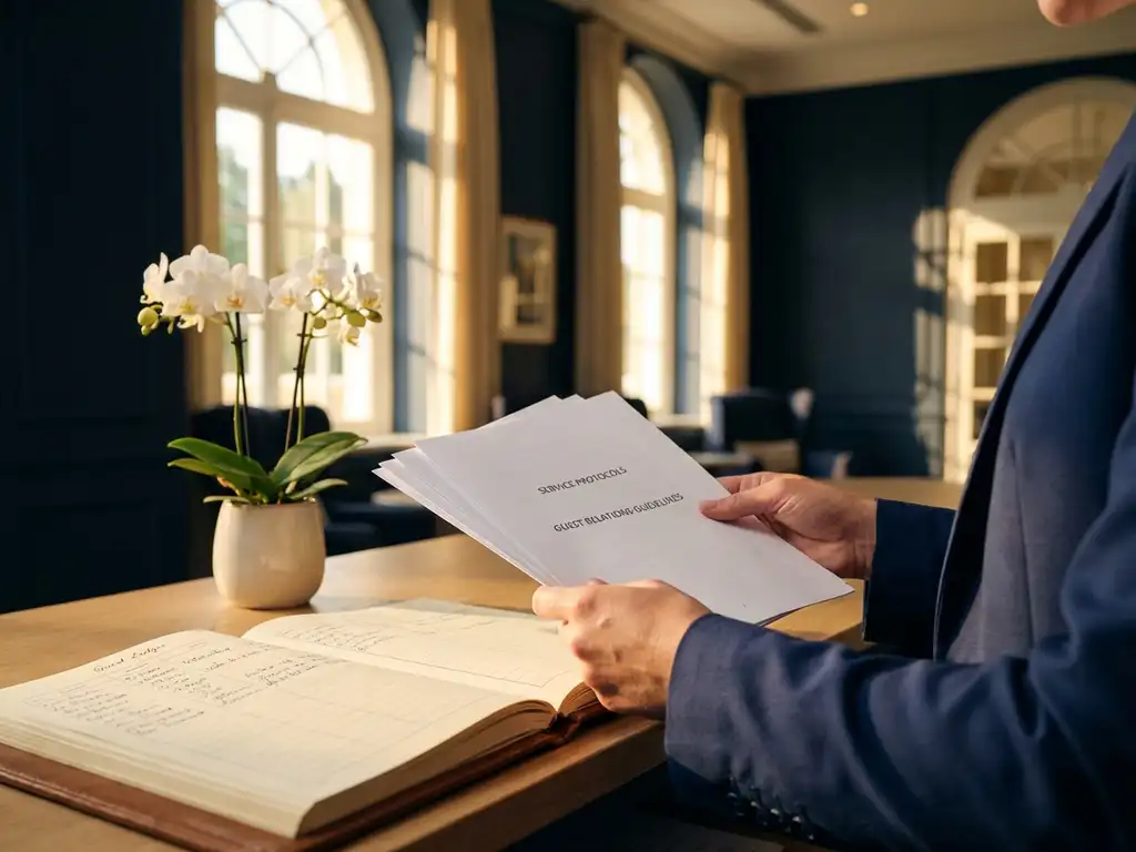 Hotelreceptie met open gastenregister, orchidee en medewerker die serviceprotocollen bekijkt bij warm ochtendlicht