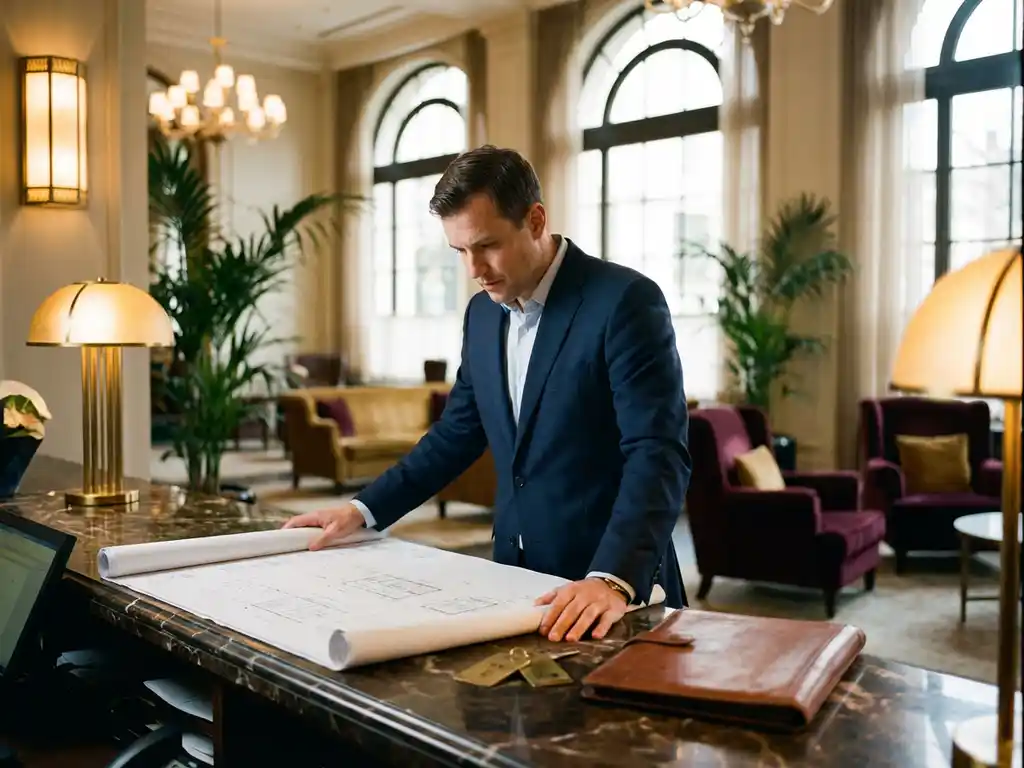 Hotelprojectmanager in marineblauw pak bestudeert renovatieblauwdrukken op marmeren receptiebalie in elegante lobby