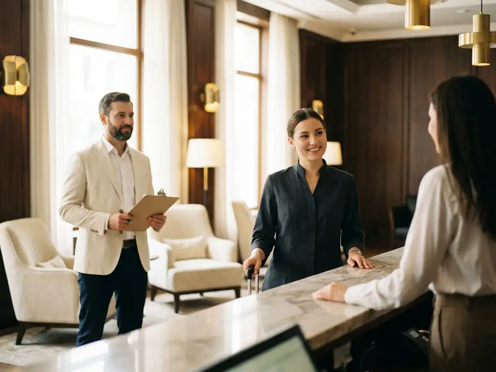 Hospitality trainer observeert receptioniste die hotelgast verwelkomt in luxe lobby met marmeren oppervlakken en warm licht.